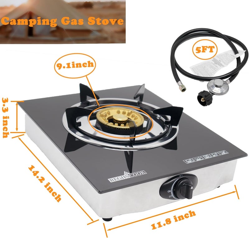 RegiisCook 1 Burner Propane Gas Cooktop,Camping Portable LPG Gas Stove, Auto Ignition Tempered Glass Countertop Regulator and Burner Grate - Image 2